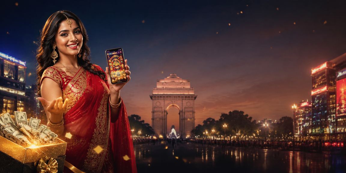 Delhi India Gate at night with mobile casino user